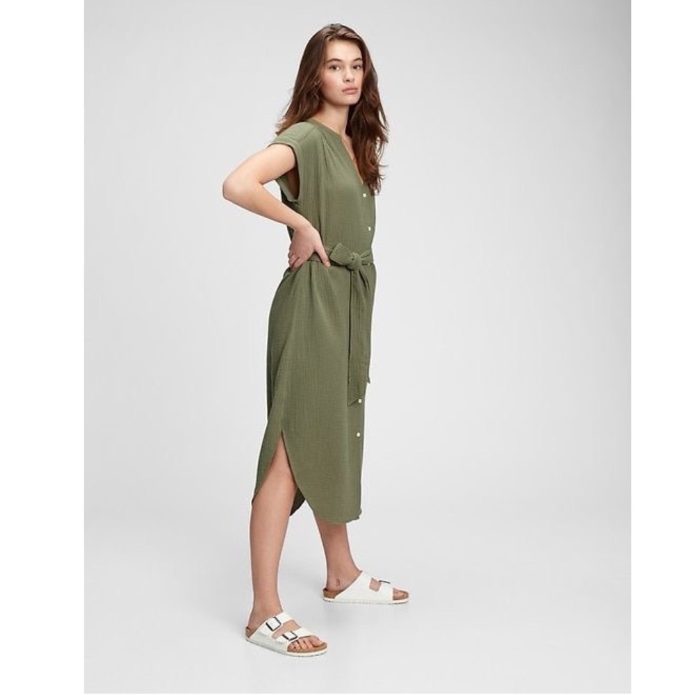 Gap Gauze Midi Shirt Dress Olive Green Tie Belt Button Front Sz XS
